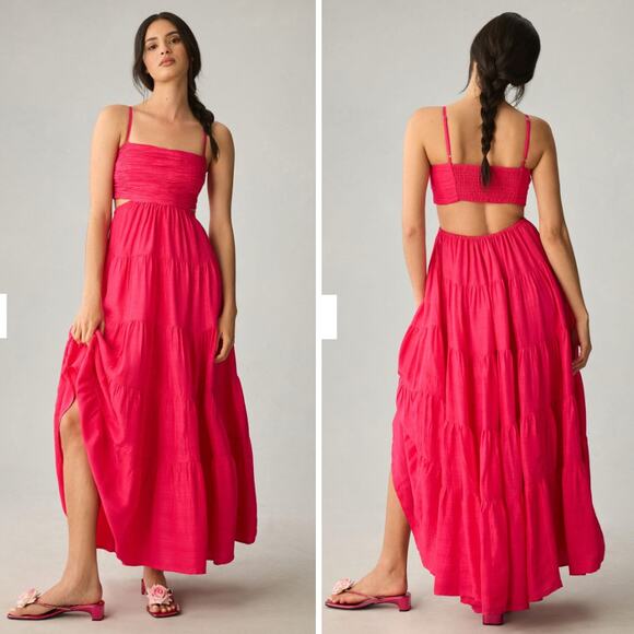 New! Anthropologie Let Me Be Cutout Tiered Dress In Magenta, Women Size Xs